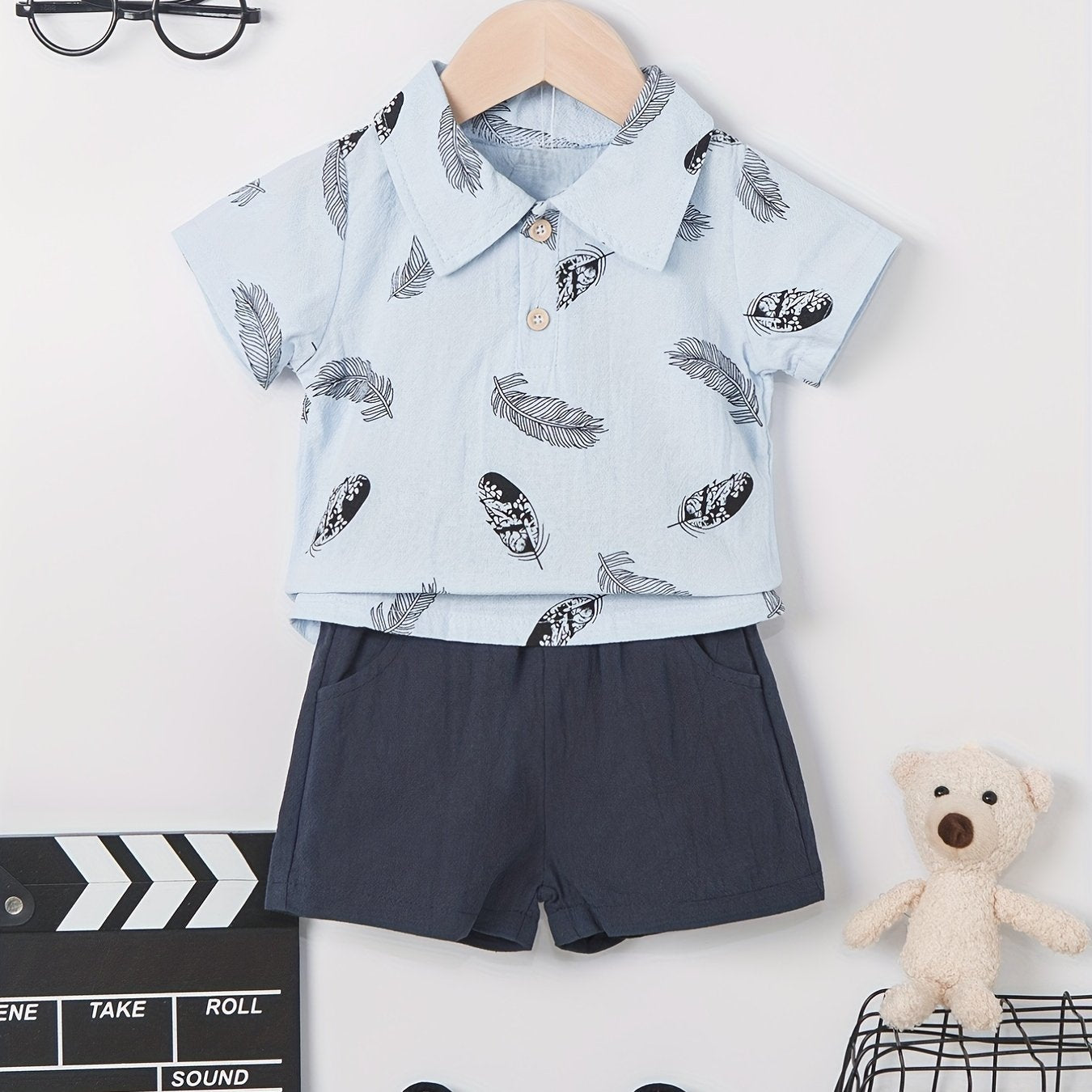 2pcs Baby Boys Leaf Print Polo Shirt & Shorts Set