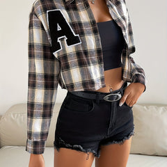 Plaid Pattern Crop Jacket Long Sleeve Button Outerwear