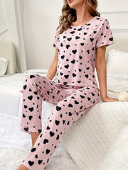 Heart Print Pajama Set Short Sleeve Top & Lounge Pants Women's Sleepwear