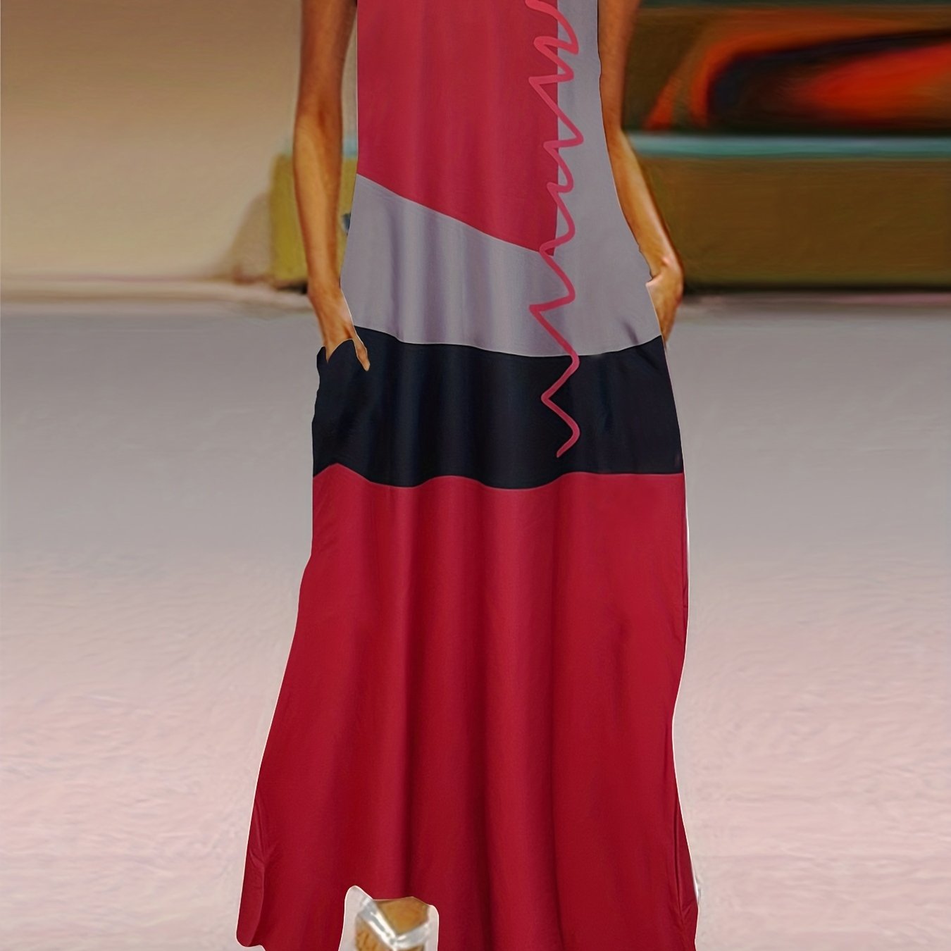 Colorblock Stripe Print Maxi Tank Dress With Pockets
