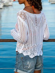 V Neck Hollow Beach Shirt Solid Long Sleeves Crochet Top Women's Swimwear