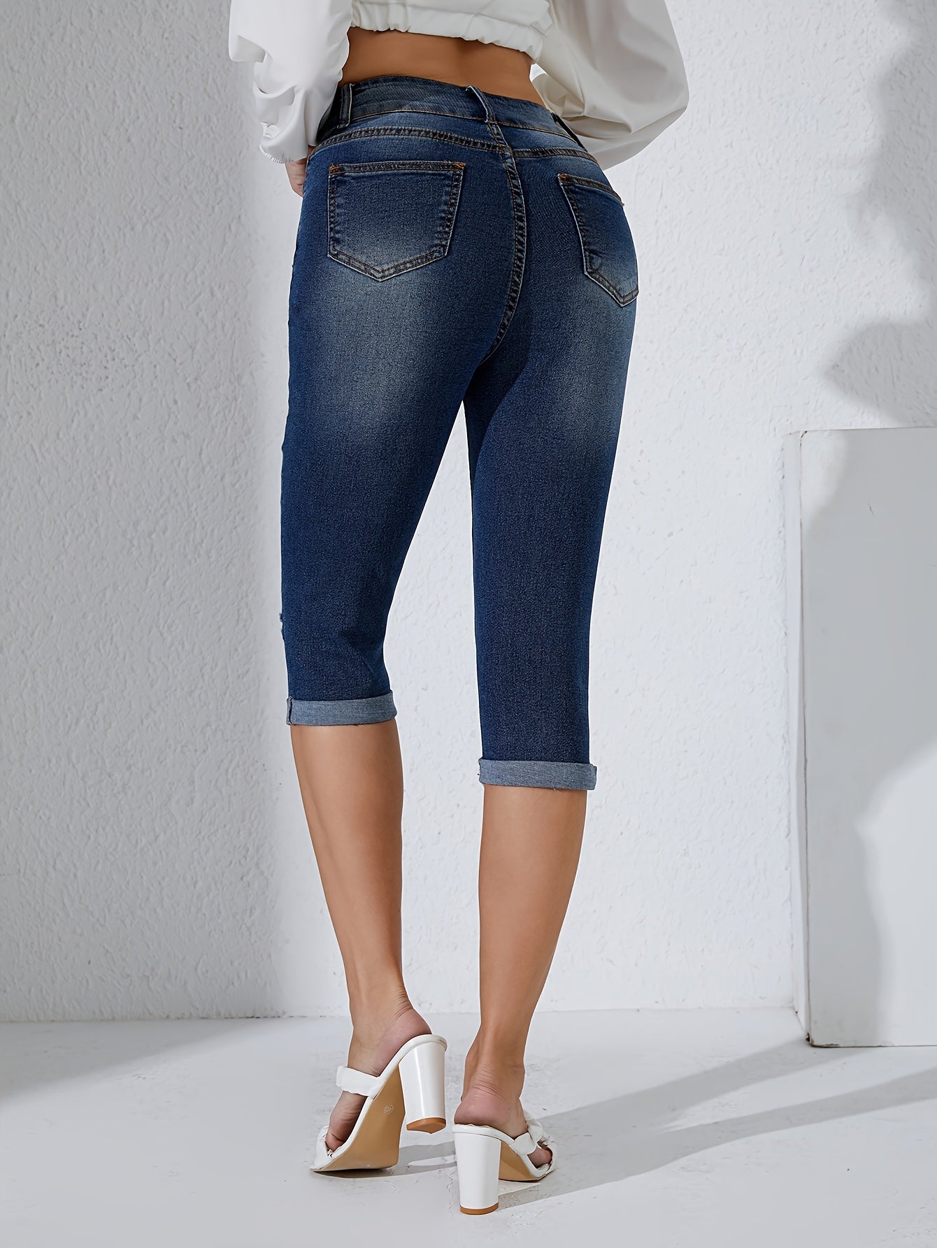 Ripped Holes Skinny Jeans Slim Fit Single Breasted Button Capris