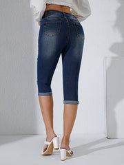 Ripped Holes Skinny Jeans Slim Fit Single Breasted Button Capris