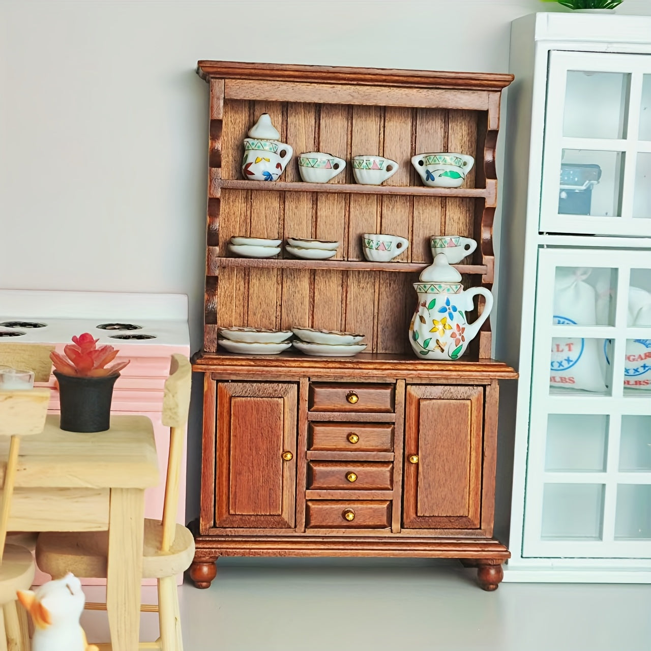 Mini Kitchen Display Cabinet Mini Ceramic Tableware Set 1:12 Kitchen Decor Props
