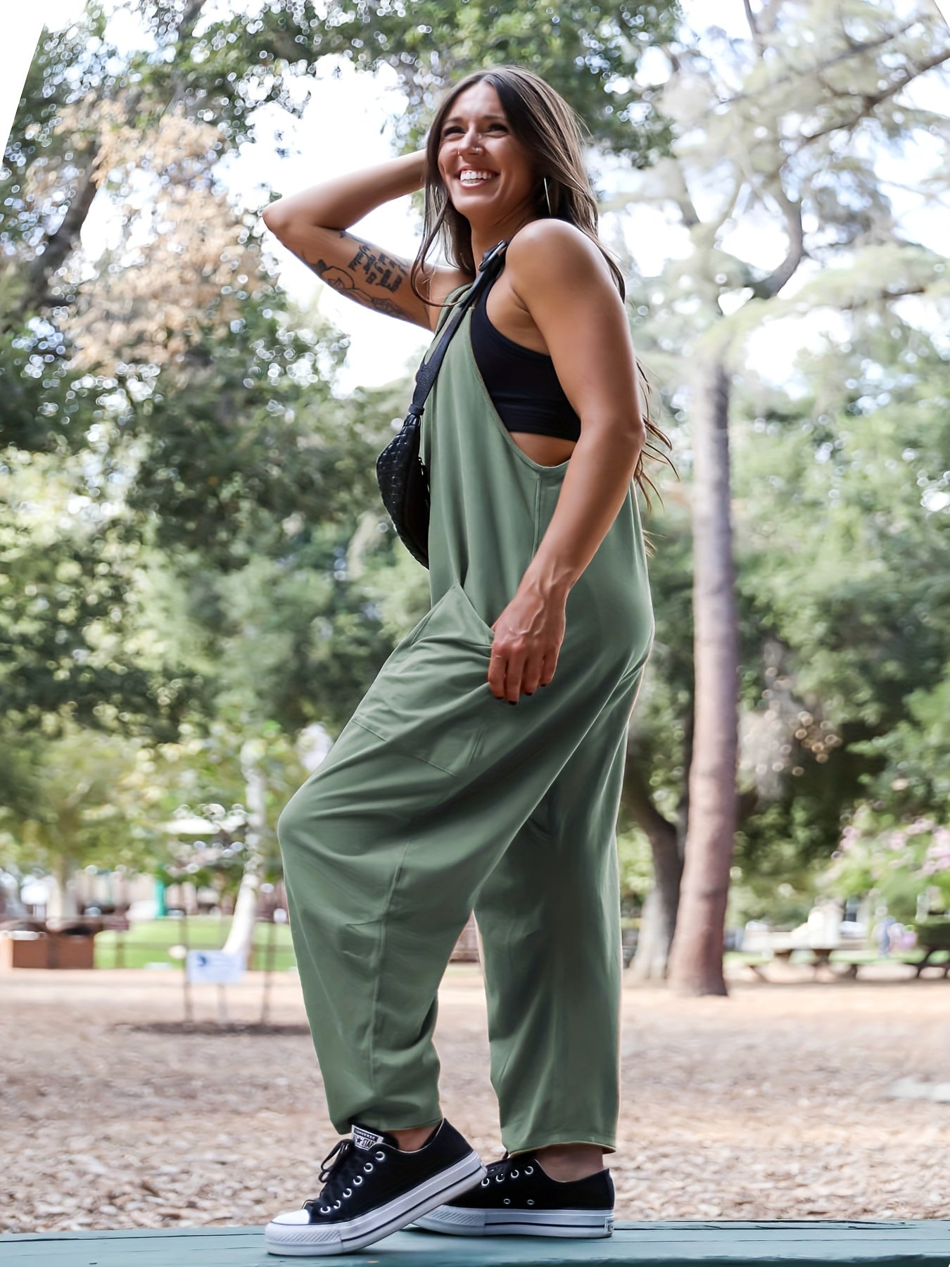 V Neck Cami Jumpsuit with Zipper Pockets