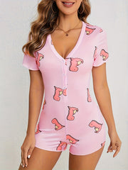 Dino Print Pajama Romper Short Sleeve V Neck
