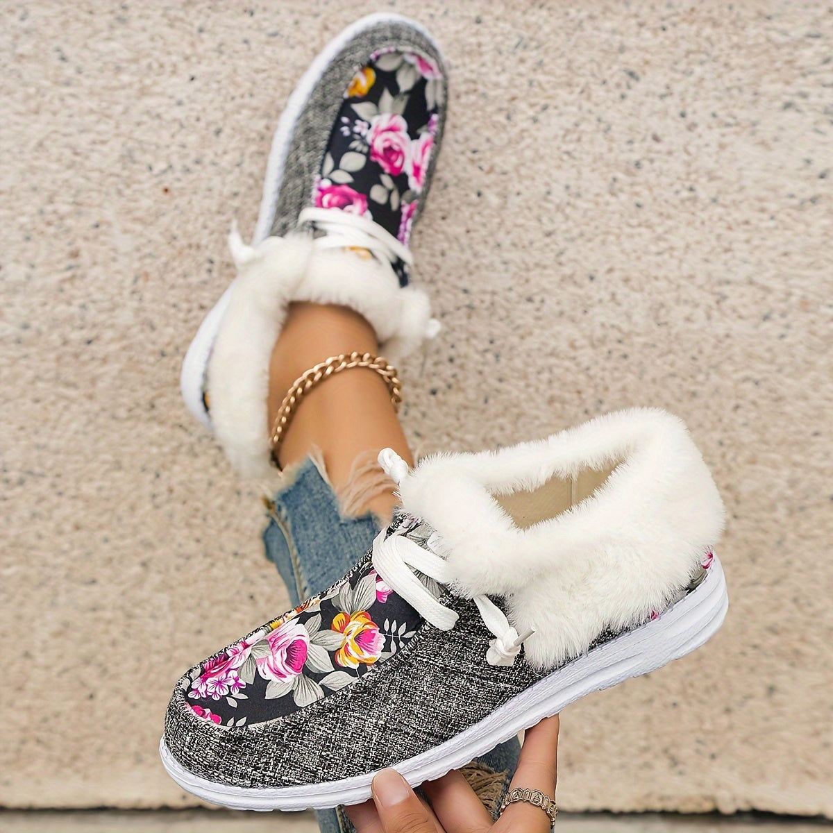 Floral Print Warm Sneakers Lightweight Casual Flat Walking Shoes