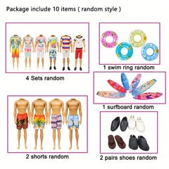 10pcs Doll Clothes & Accessories For 12" Boy Dolls Beach Outfits Shoes Surfboard