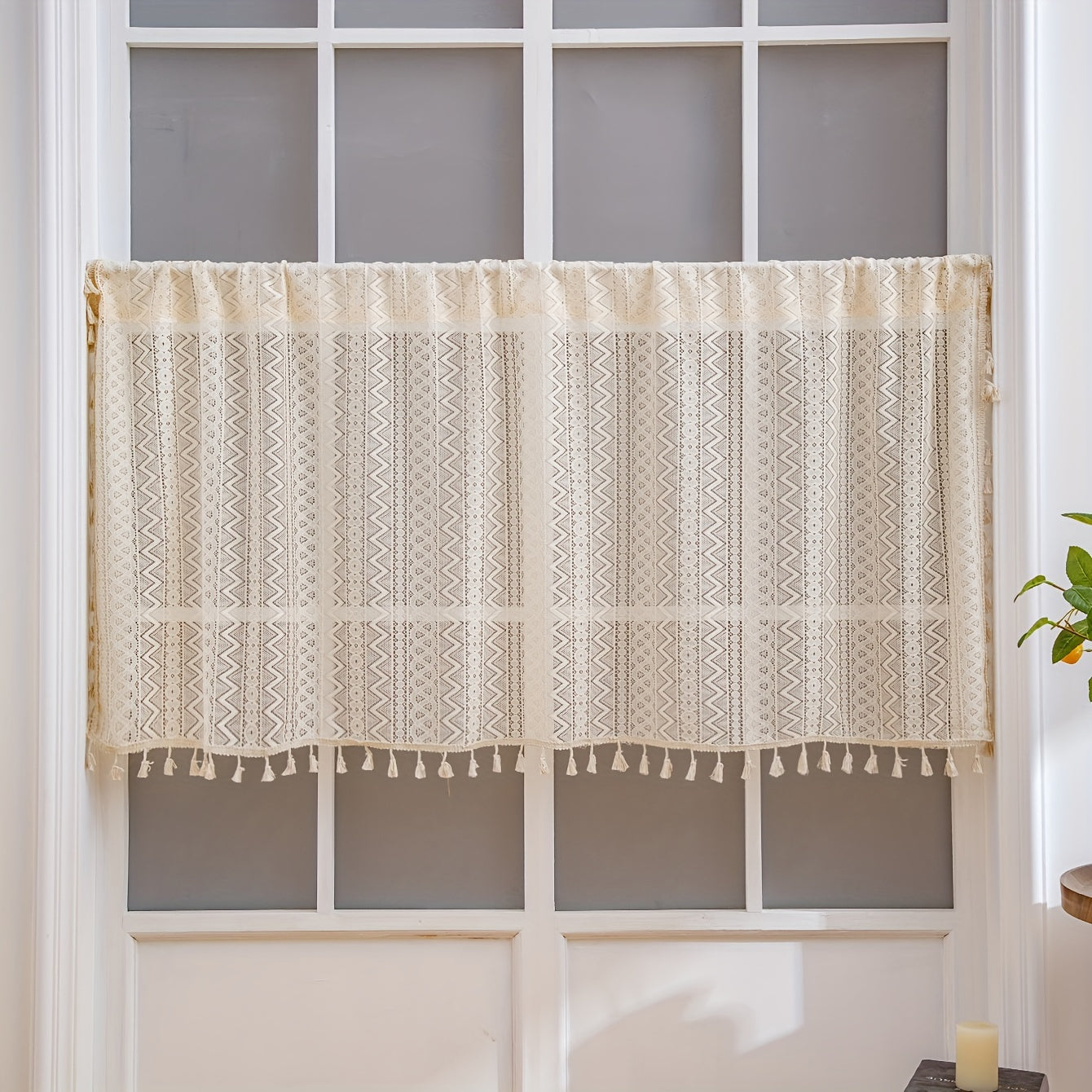 Boho Beige Tassel Trim Curtains Geometric Rod Pocket Coffee Curtains