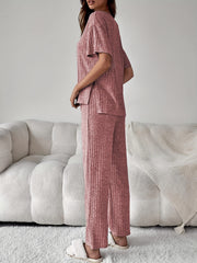 Ribbed Lounge Set Short Sleeve Top & Pants Women's Loungewear