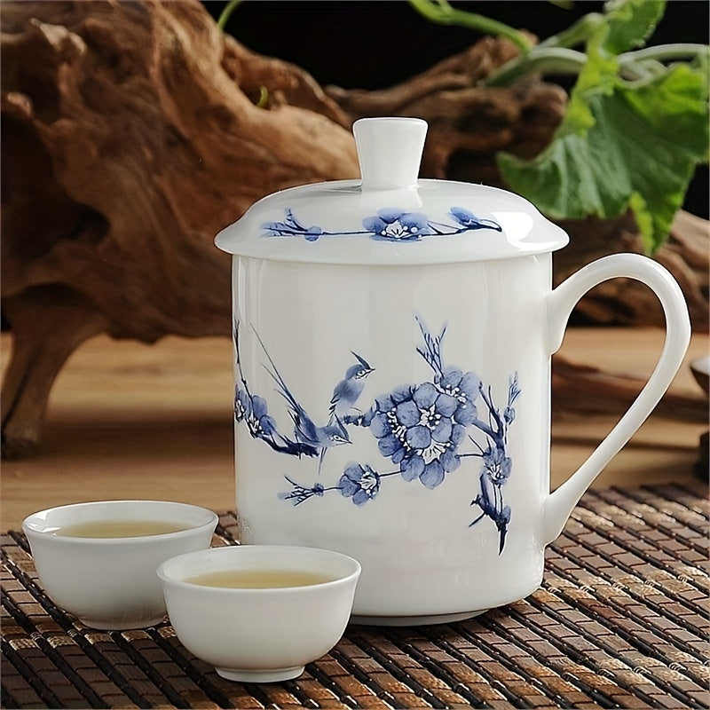 Flower Printed Porcelain Cup With Lid 17.6oz Ceramic Water Mug Tea Coffee Cup