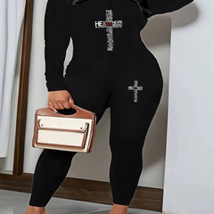 Women's Plus Slogan Print Long Sleeve Top & Leggings Set