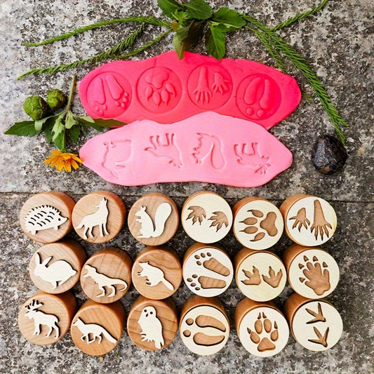 Wooden Forest Animal Footprint Play Dough Stamps Set