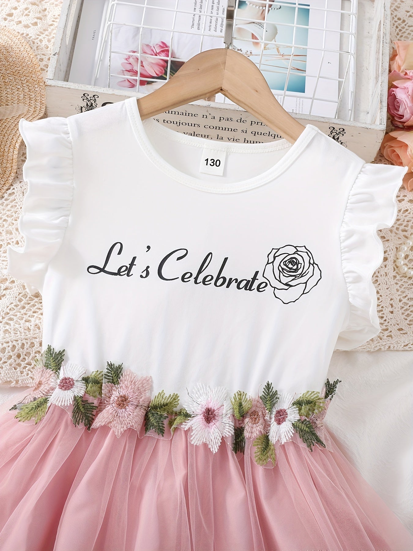 Girls Floral Print Ruffle Trim Mesh Overlay Dress