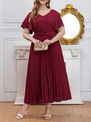 Solid Ruffle Sleeve V Neck Formal Dress