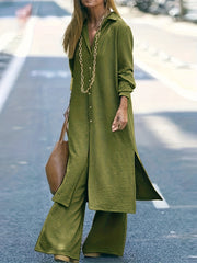 Solid Button Up Long Sleeve Lapel Casual Outfit Set
