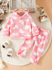 Kids 2pcs Fleece Pajamas Hooded Top & Pants Set Lion Embroidery Loungewear