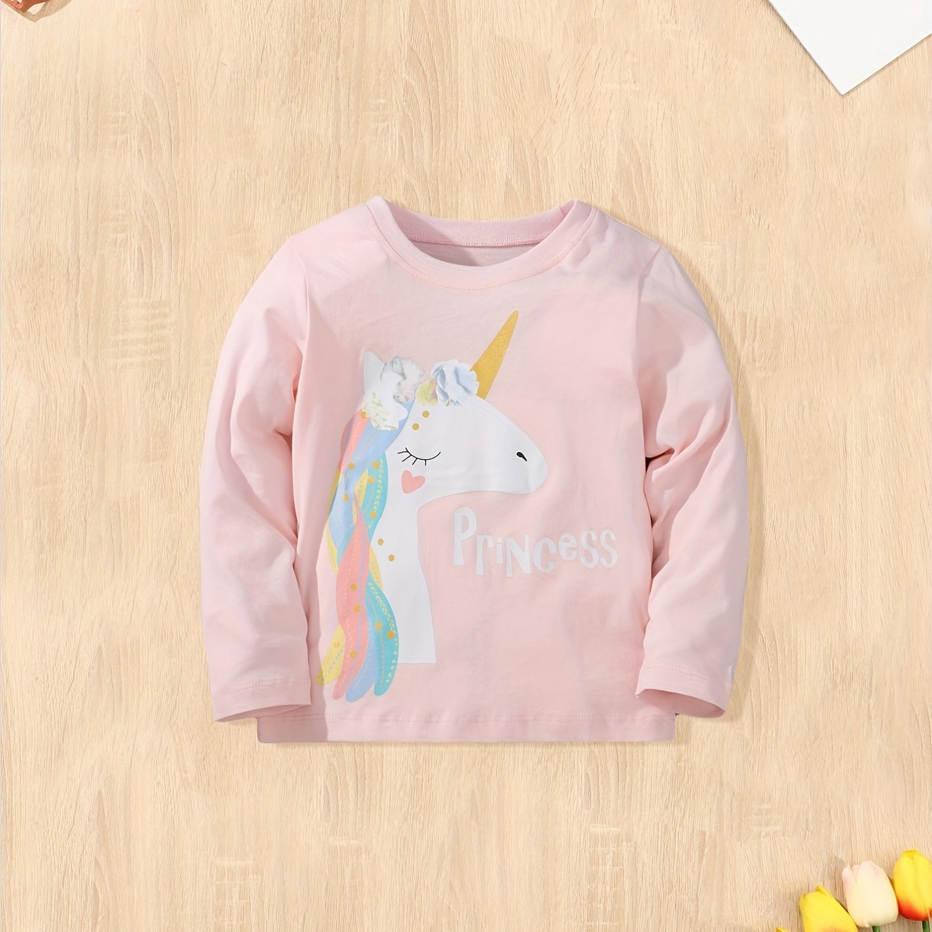 Girls Princess & Unicorn Print T-shirt Comfy Cotton Tops For Sports