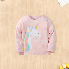 Girls Princess & Unicorn Print T-shirt Comfy Cotton Tops For Sports