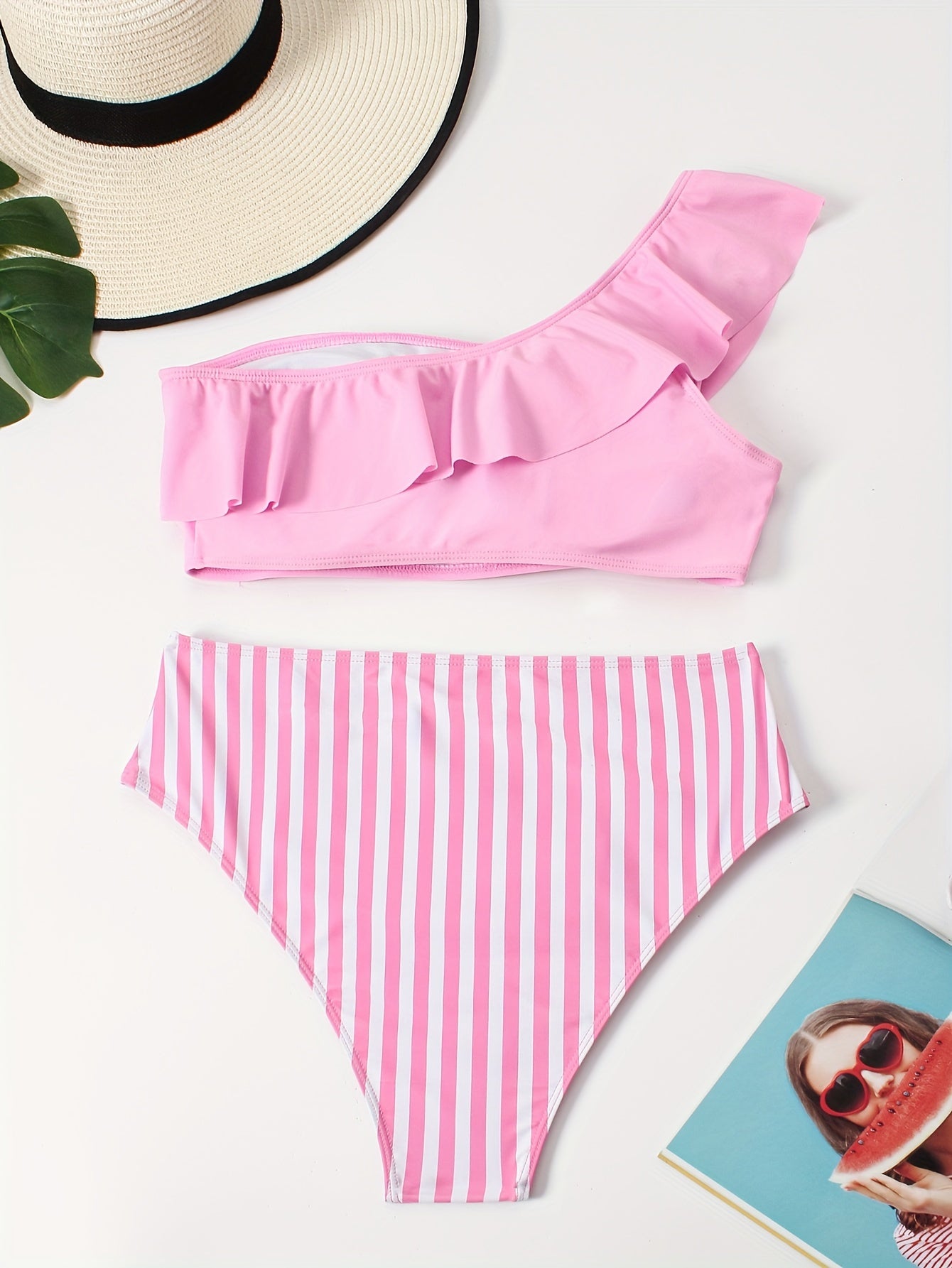One Shoulder Ruffle Trim Bikini Set