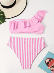 One Shoulder Ruffle Trim Bikini Set