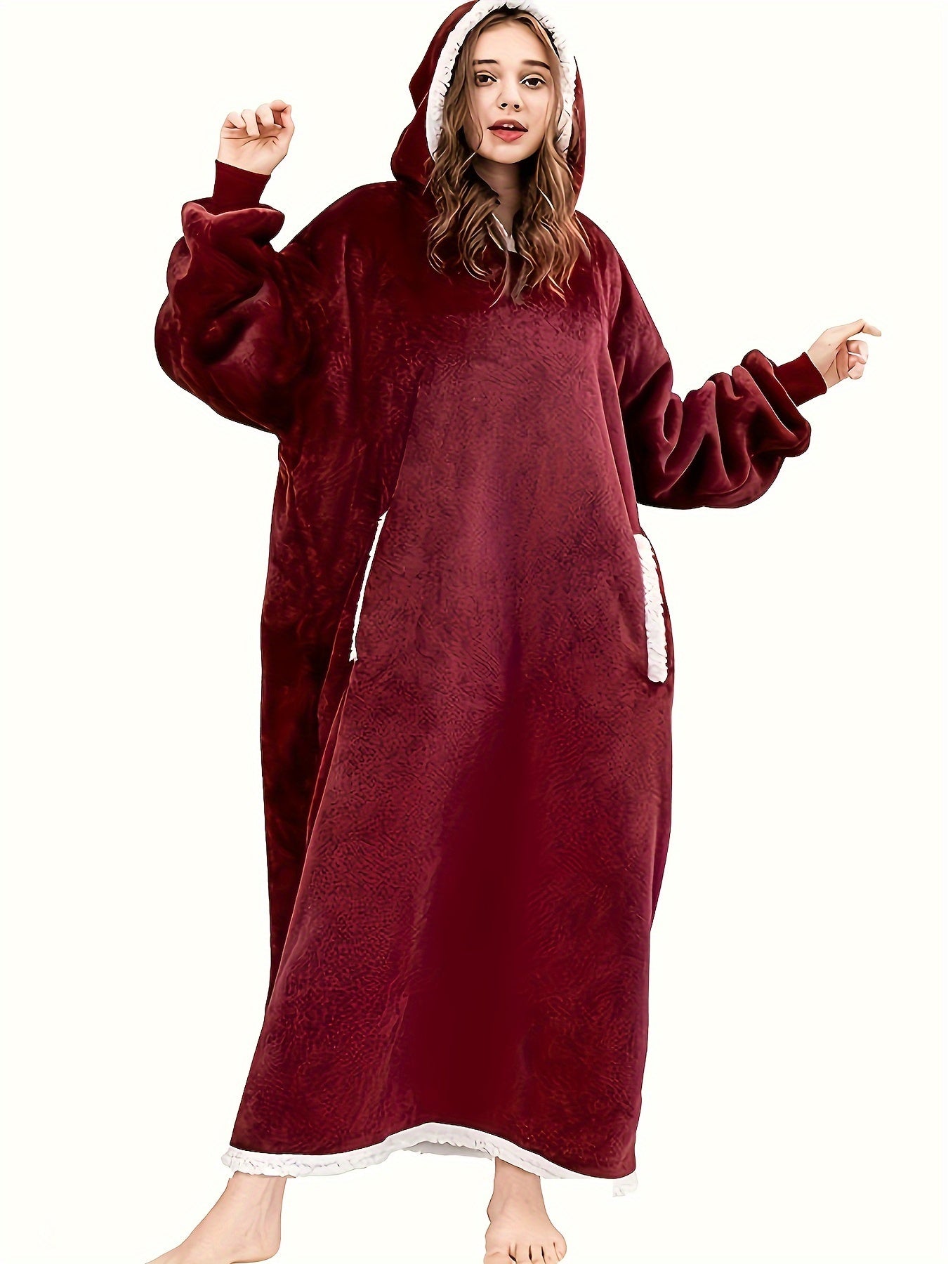 Women's Plus Size Sherpa Fleece Hooded Flannel Robe with Pockets