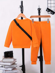 Boys 3pcs Sweatshirt & Pants & Bag Set Happy Face Print Top Casual Kids Clothes