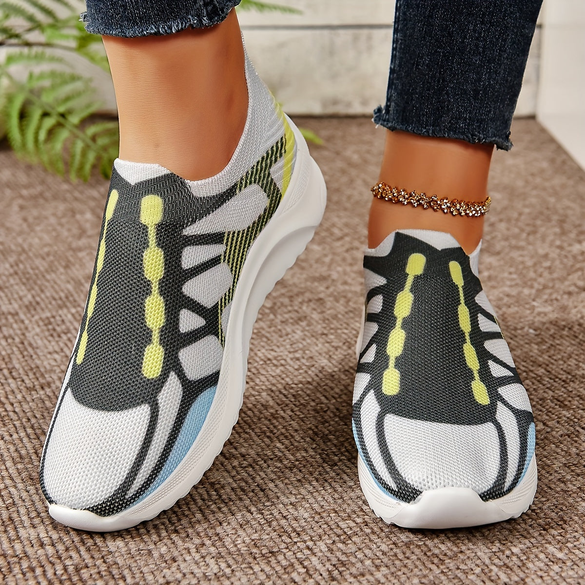 Women's Block Printed Knit Walking Shoes Elastic Slip on Sneakers