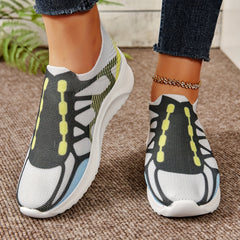 Women's Block Printed Knit Walking Shoes Elastic Slip on Sneakers