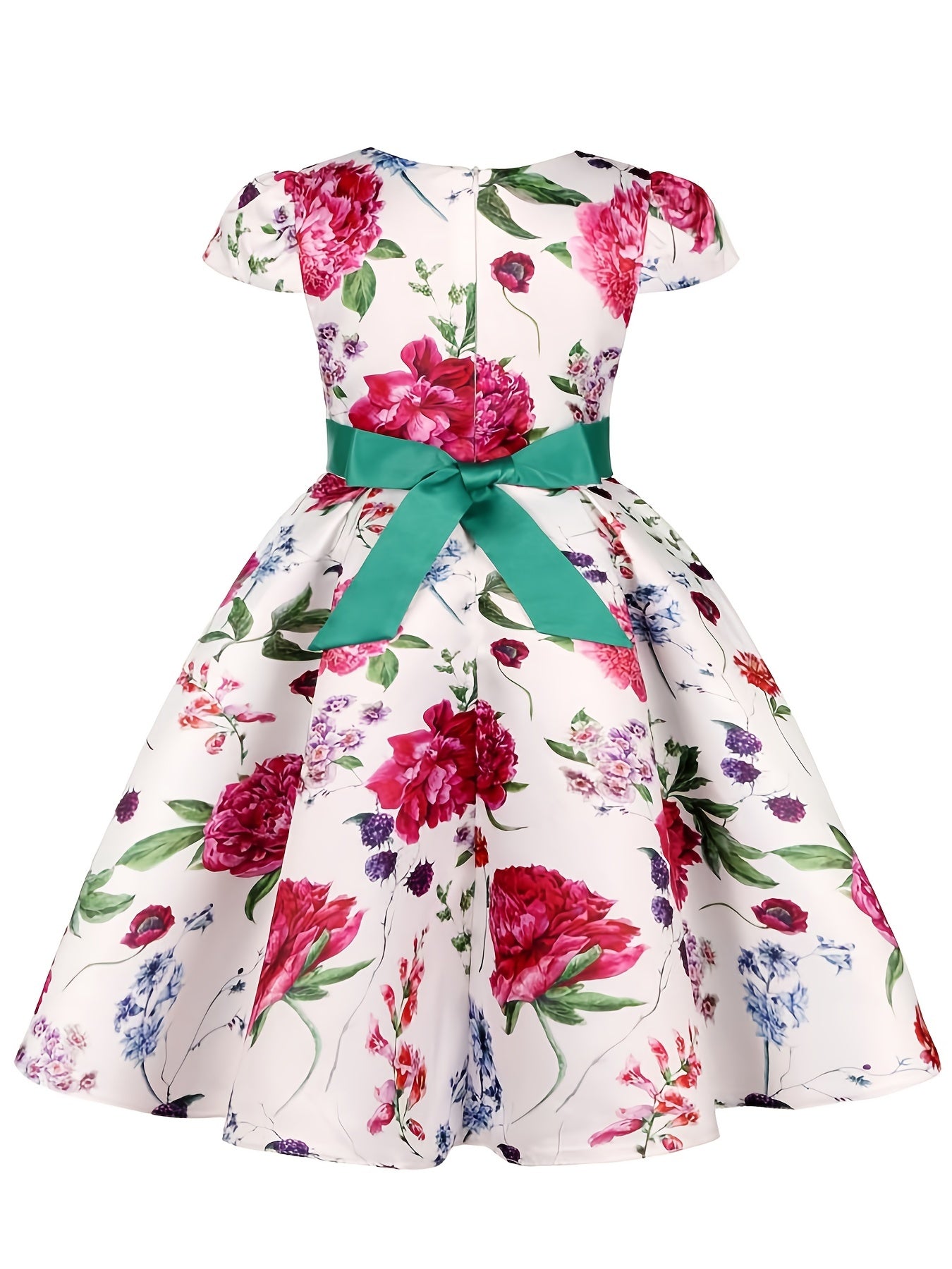 Girls Princess Dress Short Sleeve Bow Flowers Print Dress