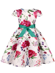 Girls Princess Dress Short Sleeve Bow Flowers Print Dress