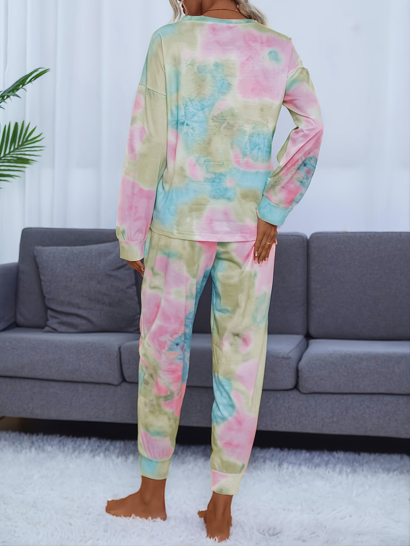 Tie Dye Print Lounge Set Long Sleeve Crew Neck Top & Elastic Waistband Pants