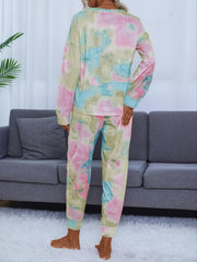 Tie Dye Print Lounge Set Long Sleeve Crew Neck Top & Elastic Waistband Pants