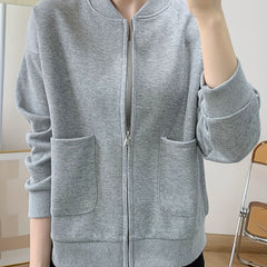 Baseball Neck Solid Jacket Casual Zipper Long Sleeve Outerwear