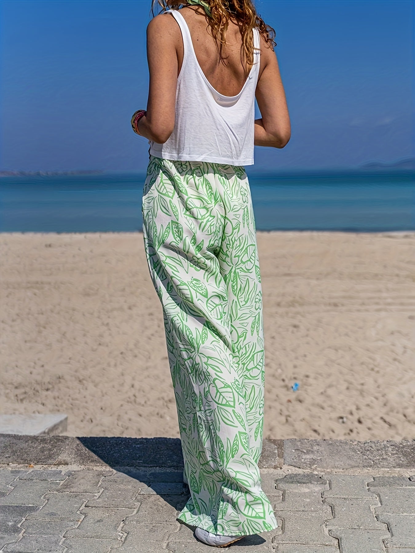 Leaf Print Wide Leg Pants Spring & Summer Women's Clothing