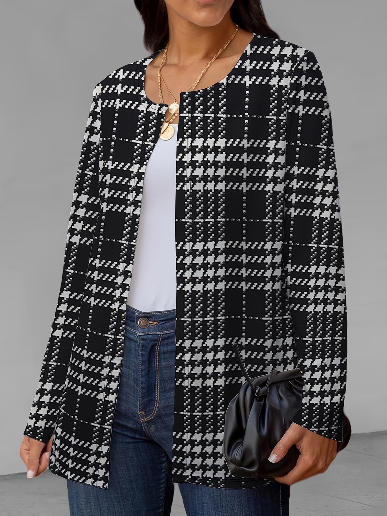 Houndstooth Print Open Front Jacket Long Sleeve Outerwear