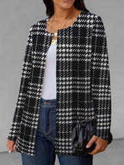Houndstooth Print Open Front Jacket Long Sleeve Outerwear