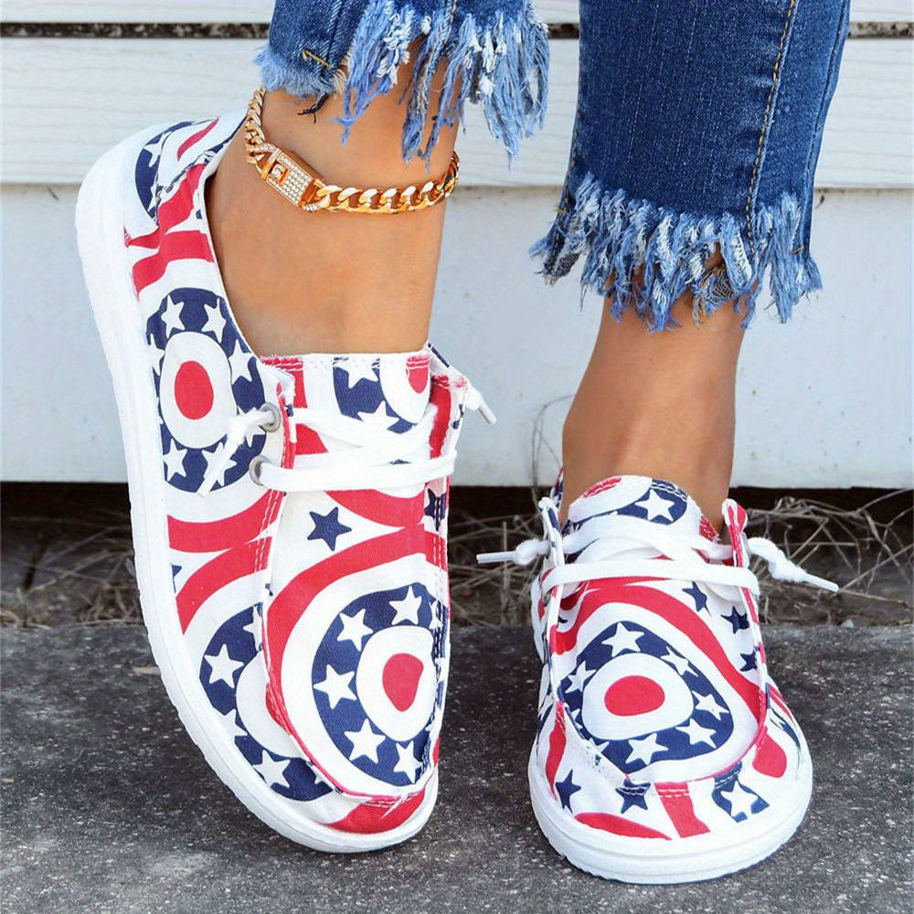 Women's Star & Ring Pattern Boat Shoes Independence Patriotic Sneakers