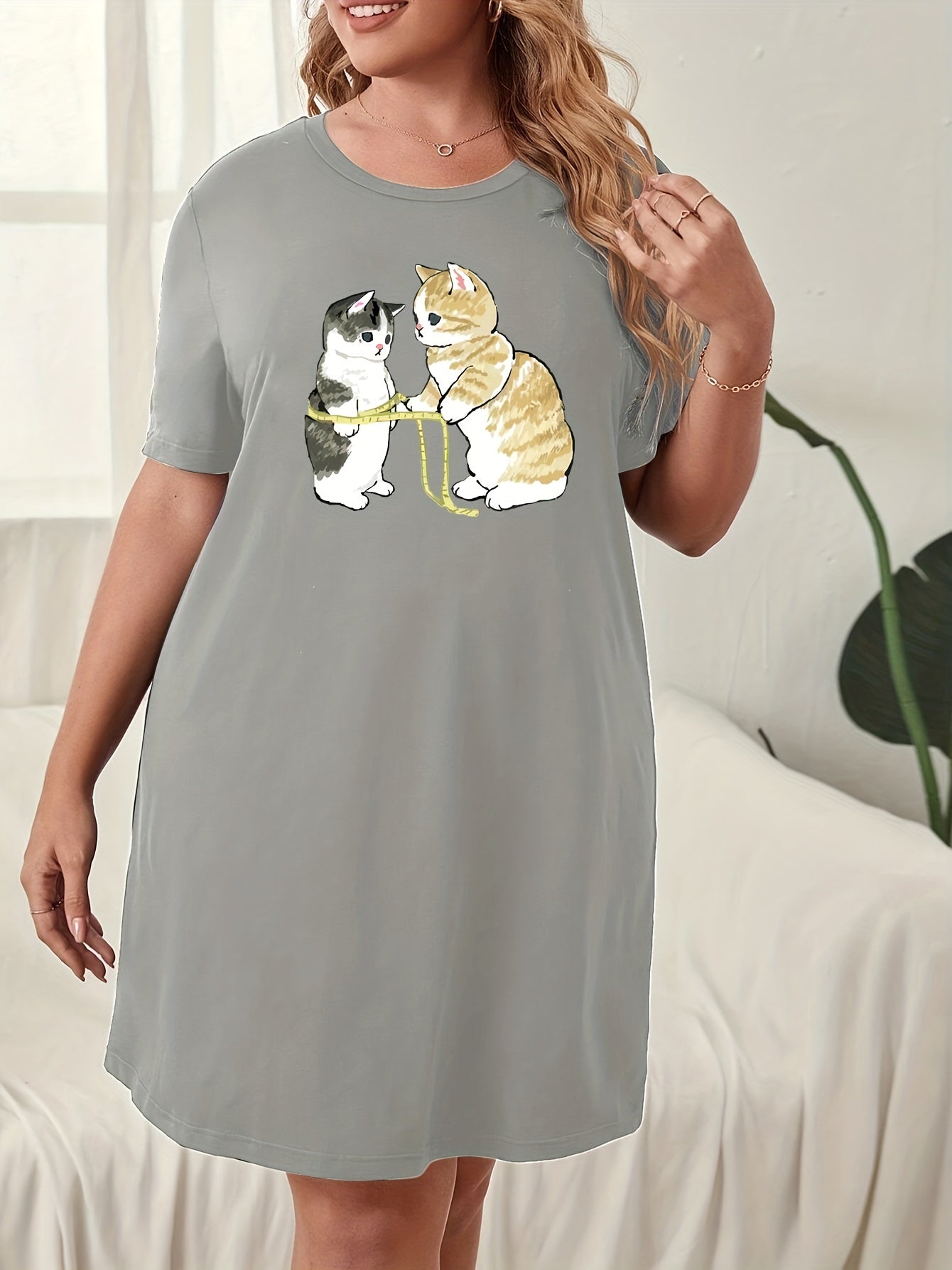 Cats Print Lounge Dress Short Sleeve Nightdress