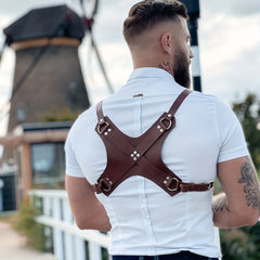 Men's Punk Knight Brown PU Leather Suspenders Suit Shirt Suspenders