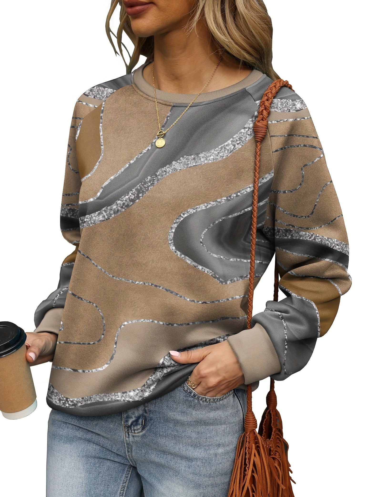 Geometric Print Crew Neck Sweatshirt for Women