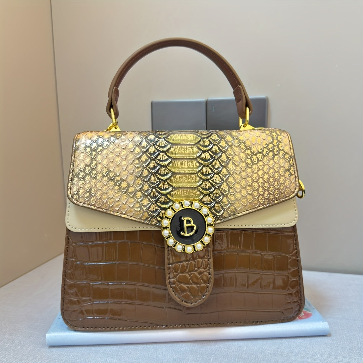 Snake Print Crossbody Bag with Detachable Strap