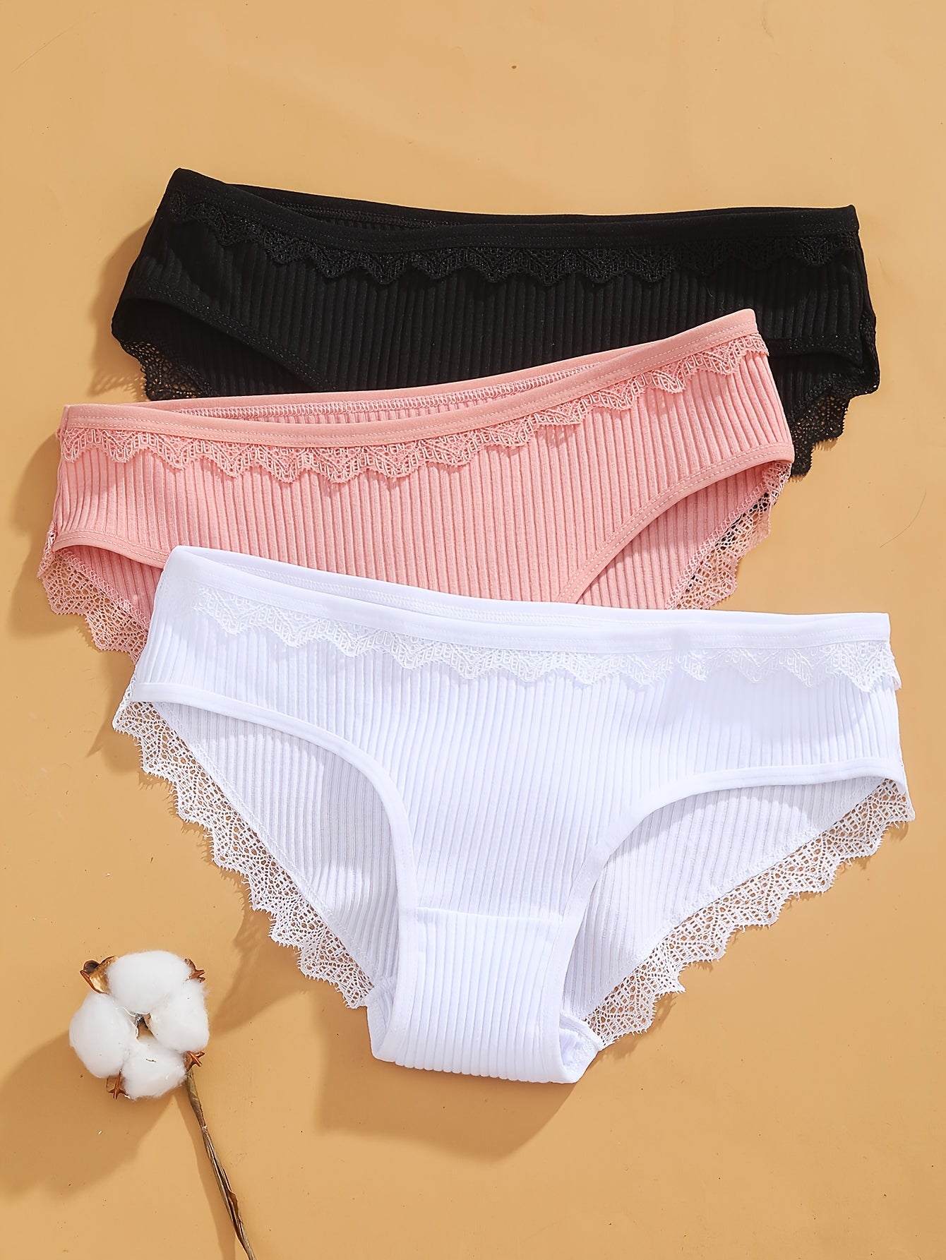 3pcs Lace Trim Ribbed Briefs Women's Comfy Intimates Panties