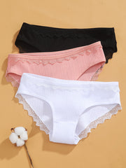 3pcs Lace Trim Ribbed Briefs Women's Comfy Intimates Panties