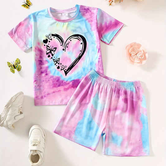 Girls Tie Dye Heart Pattern T Shirt Shorts Set