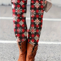 Plaid & Snowflake Print High Rise Leggings