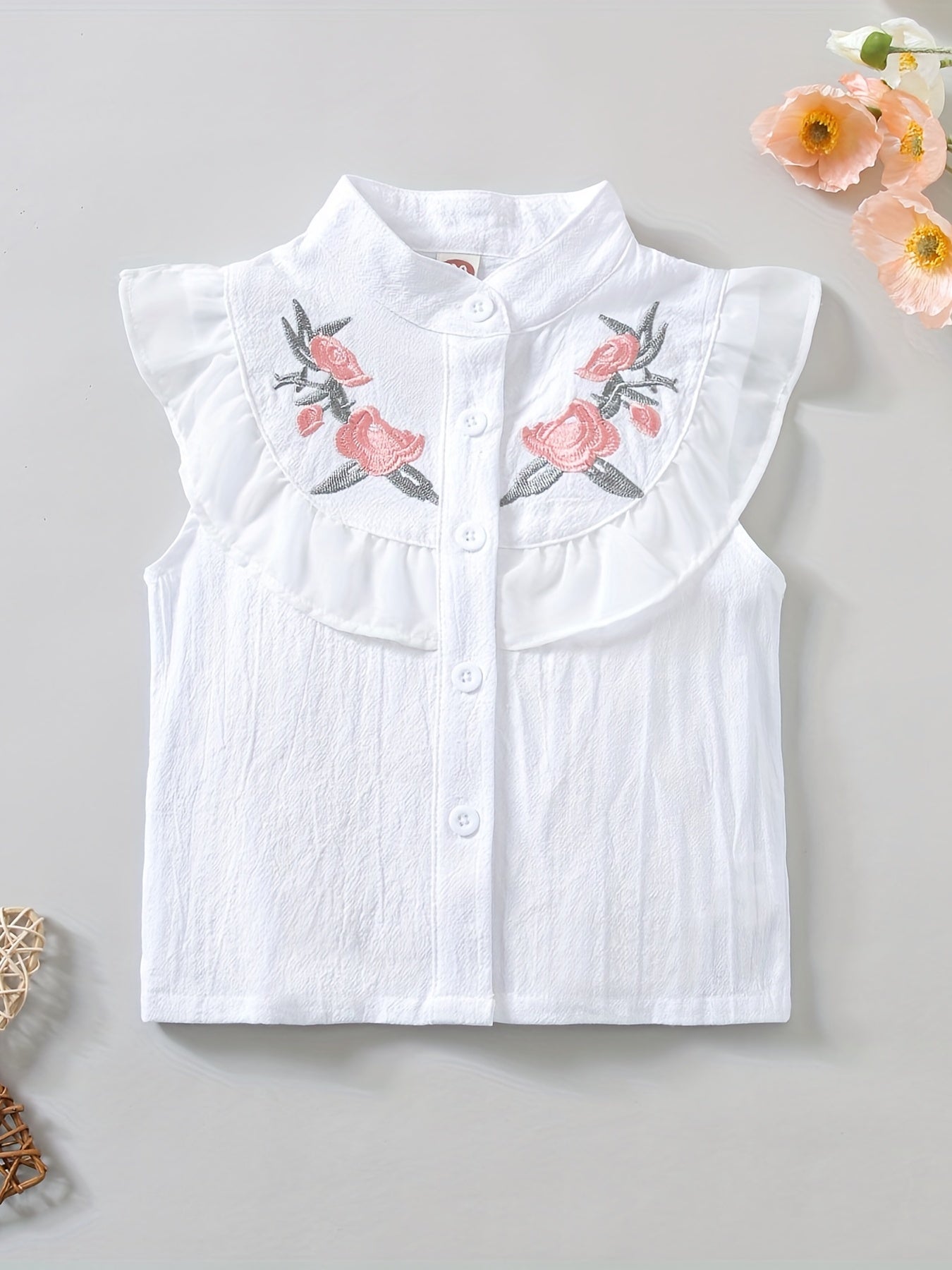 Girls Ruffled Flower Embroidery Sleeveless Top & Skirt Set