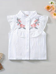 Girls Ruffled Flower Embroidery Sleeveless Top & Skirt Set