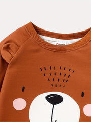 Animal Bear Print Crew Neck Sweatshirt with 3D Ears