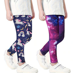 2 Pack Girls Leggings Soft Comfy Random Print Tight Fit Stretchy Pant Leggings